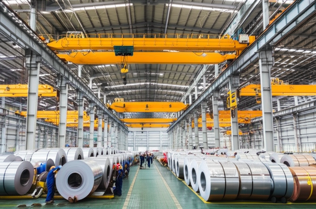 Ảnh toàn cảnh nhà máy sản xuất thép hiện đại với cầu trục và cuộn thép, không có người.
