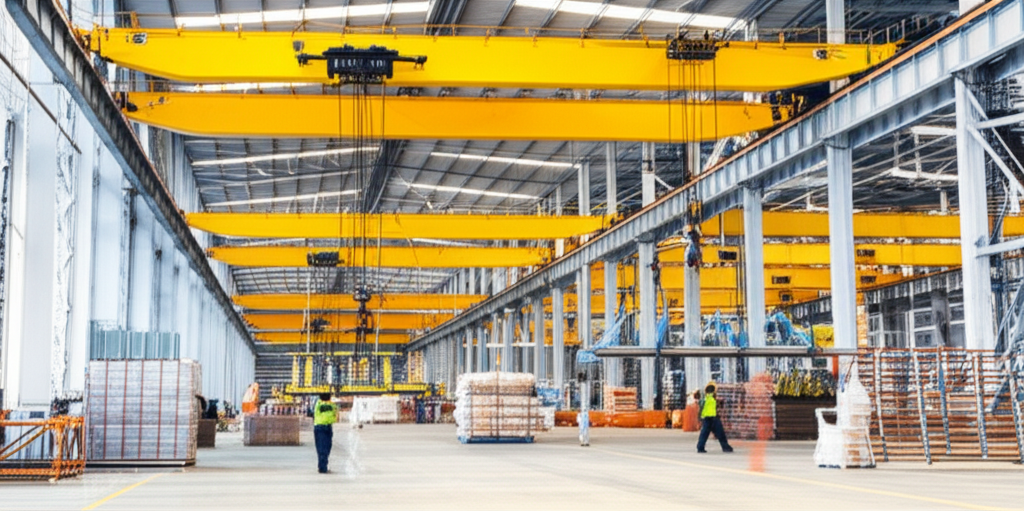 Ảnh chụp nhà máy công nghiệp với các loại cầu trục nâng hạ hàng hóa, ánh sáng tự nhiên.