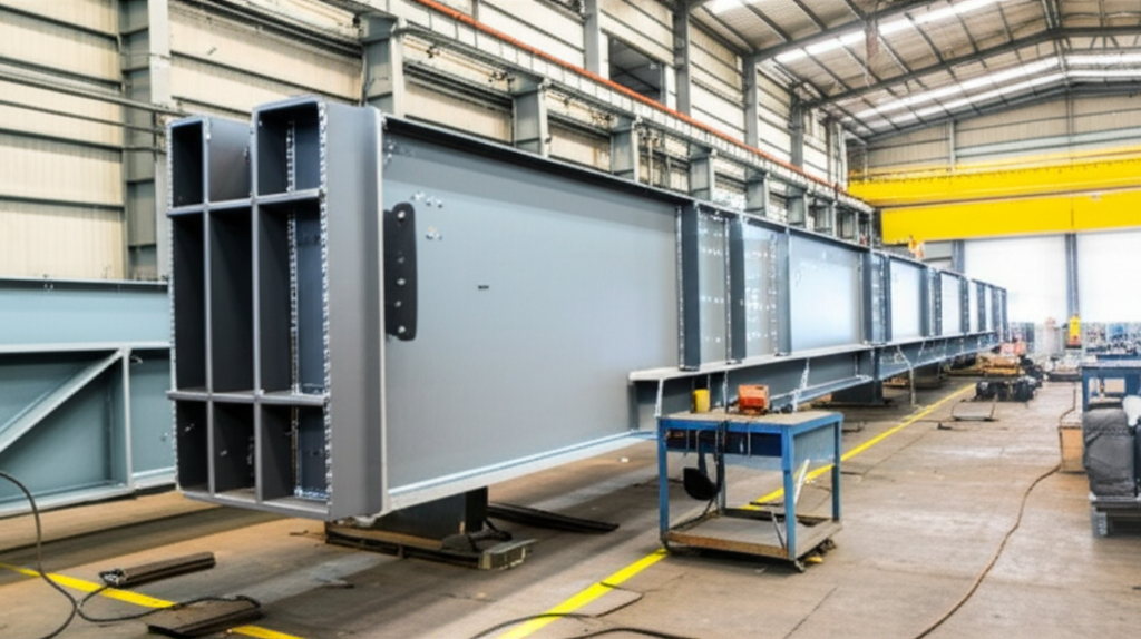 Hình ảnh thực tế về quá trình chế tạo dầm cầu trục trong nhà máy, tập trung vào cấu trúc thép và các mối hàn.