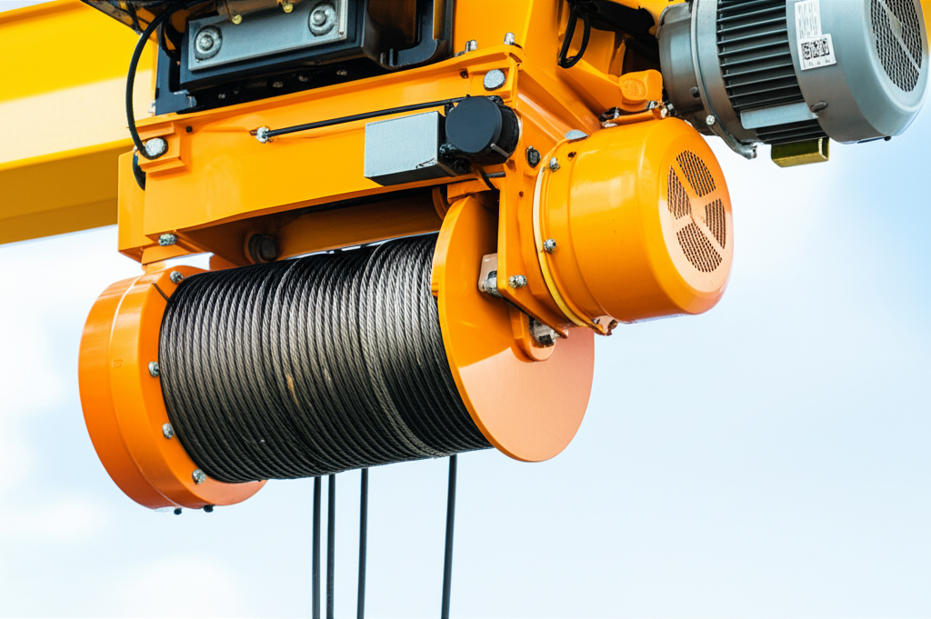 Ảnh chụp cận cảnh các thành phần chính của cầu trục như tời điện, bánh xe, ray, cáp và bộ điều khiển.
