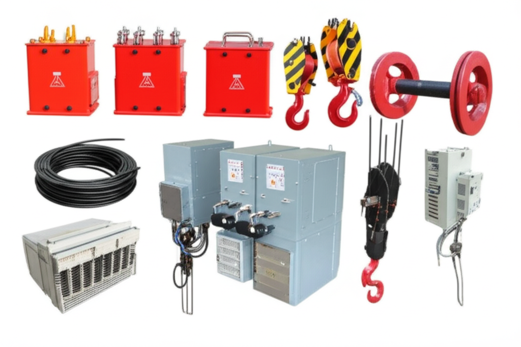 Hình ảnh các phụ kiện đi kèm hệ thống điều khiển cầu trục như nam châm điện, má phanh, móc cẩu, khớp nối, biến tần, bộ chống va, bánh xe và cáp thép.