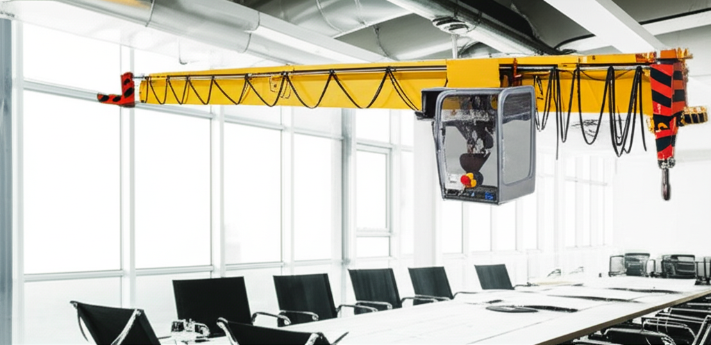 Hình ảnh cầu trục 3 tấn trong văn phòng làm việc, với ánh sáng tự nhiên và bản vẽ kỹ thuật trên bàn.
