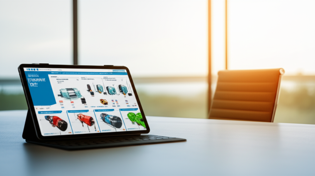 Hình ảnh văn phòng làm việc chuyên nghiệp với máy tính bảng đang hiển thị thông số kỹ thuật của các loại tời điện khác nhau.