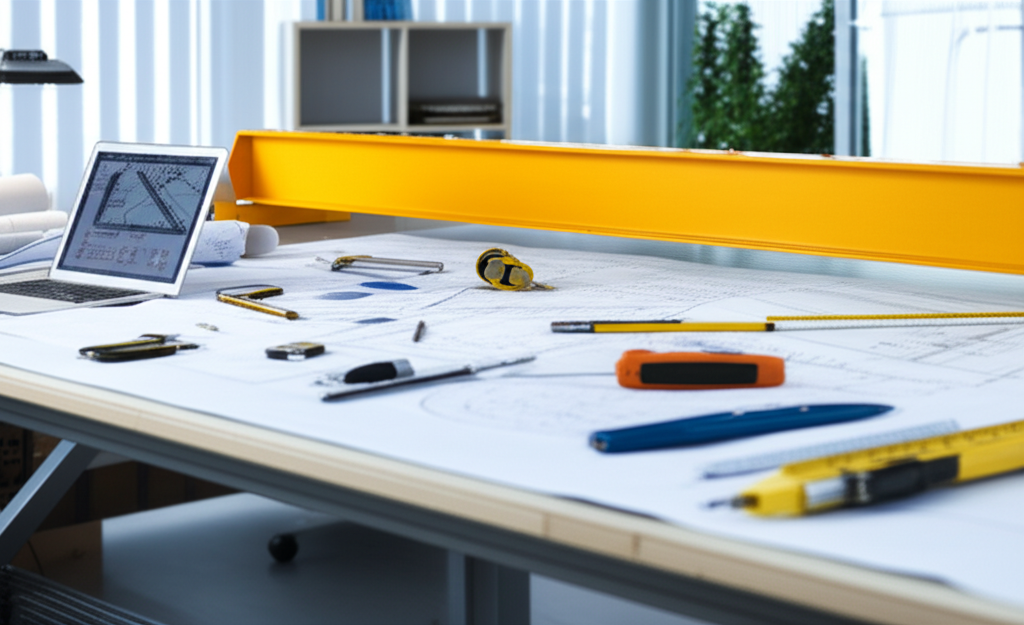 Hình ảnh bản vẽ kỹ thuật và thông số kỹ thuật của cầu trục dầm đơn 3 tấn trong một văn phòng làm việc sáng sủa.