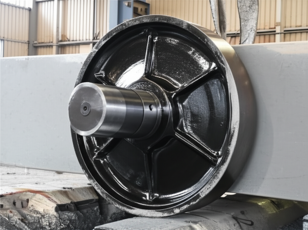 Ảnh bánh xe cầu trục chịu tải lớn đang nâng một khối thép nặng trong nhà máy luyện kim.