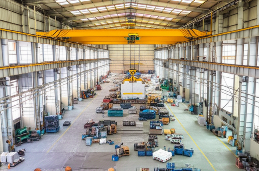 Ảnh chụp nhà máy cơ khí rộng lớn với cầu trục 3 tấn đang nâng một khuôn mẫu lớn dưới ánh sáng tự nhiên.