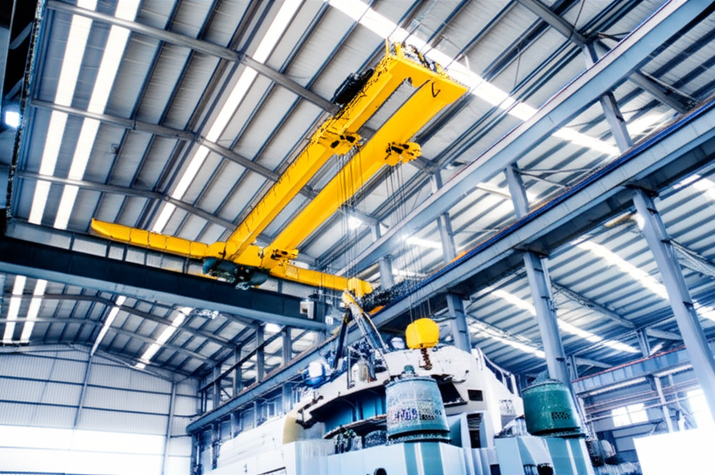 Ảnh chụp cầu trục 3 tấn đang nâng một chi tiết máy lớn trong nhà máy.