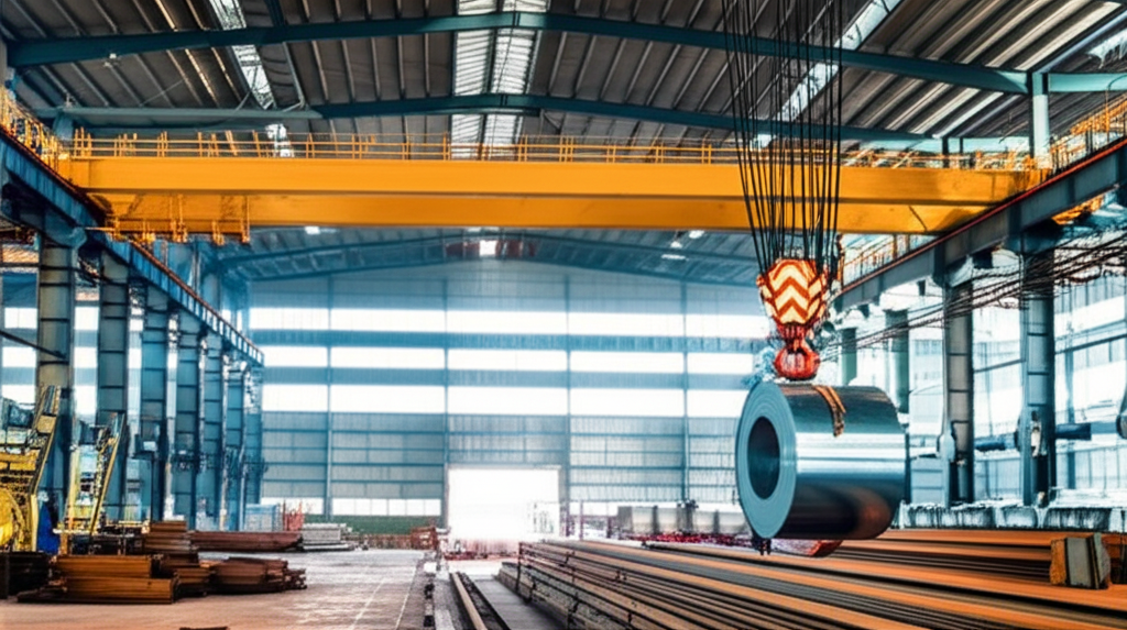Hình ảnh cầu trục đang nâng một cuộn thép lớn trong một nhà máy sản xuất thép, ánh sáng tự nhiên.
