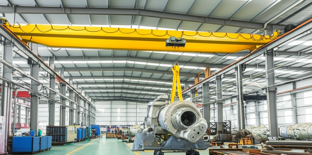 Hình ảnh cầu trục 3 tấn dầm đơn đang vận hành trong một nhà máy cơ khí, nâng một bộ phận máy lớn.