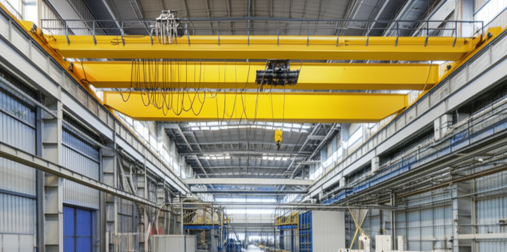 Ảnh chụp cầu trục dầm đôi đang hoạt động bên trong một nhà máy hóa chất với ánh sáng tự nhiên.