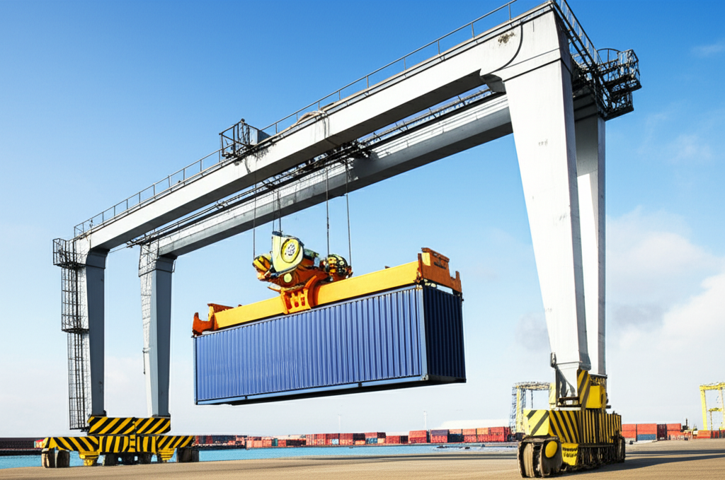 Ảnh chụp cầu trục dầm đôi đang nâng container hàng hóa tại một cảng biển lớn, ánh sáng tự nhiên.