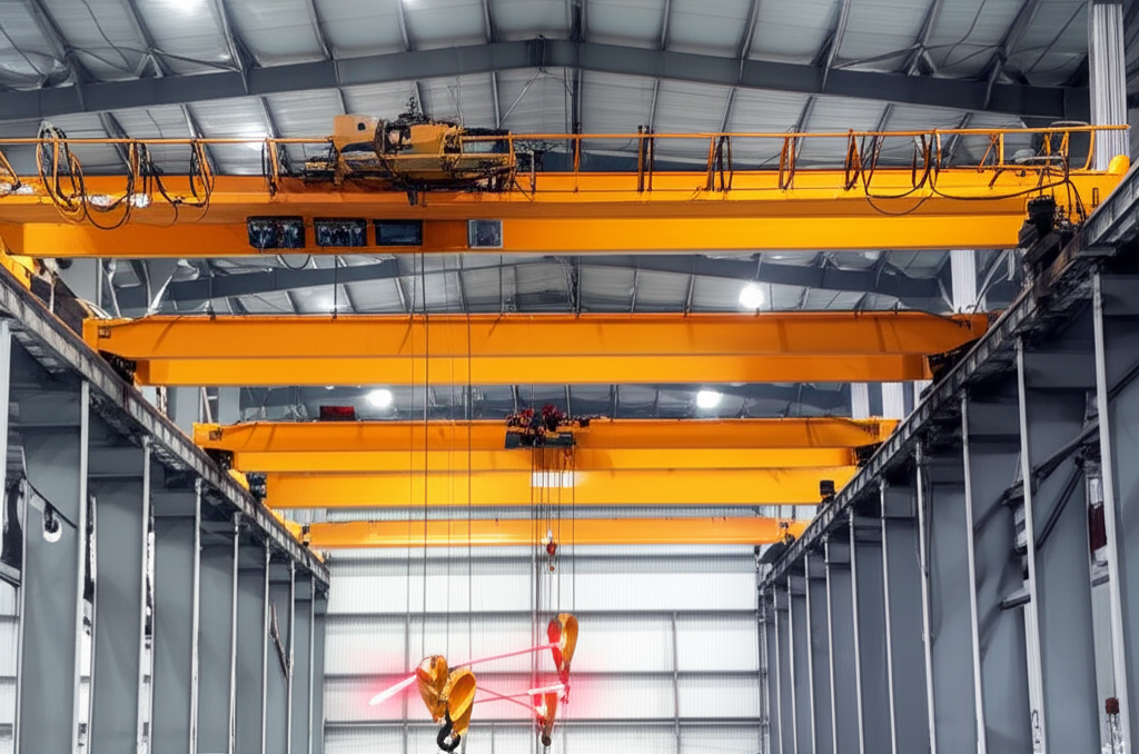 Hệ thống chống va quang học trên cầu trục trong môi trường nhà máy, minh họa khả năng phát hiện vật cản từ xa bằng tia laser hoặc ánh sáng hồng ngoại.