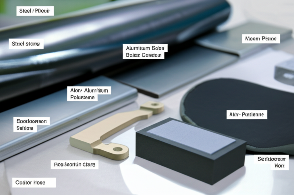 Ảnh chụp cận cảnh các loại vật liệu khác nhau được sử dụng để chế tạo bộ chống va, bao gồm thép, hợp kim nhôm và polyurethane.