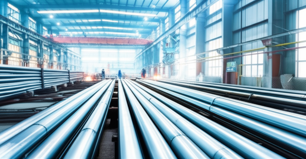 Ảnh chụp nhà máy thép với các thanh thép đang được kiểm tra, không có người.