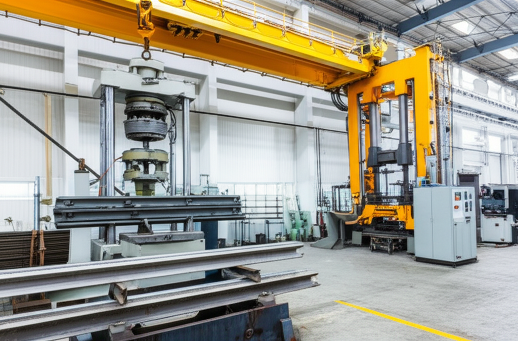 Hình ảnh phòng thí nghiệm vật liệu với các thiết bị kiểm tra độ bền và mẫu ray cầu trục khác nhau.