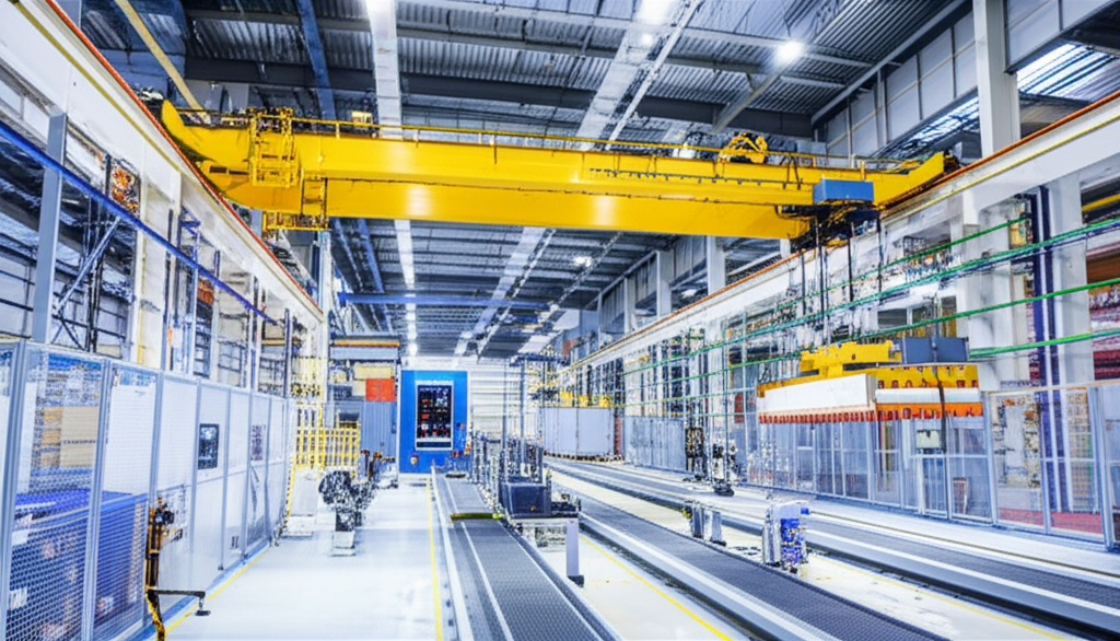 Ảnh chụp nhà máy hiện đại với hệ thống cầu trục tự động di chuyển hàng hóa, không có người trong ảnh.