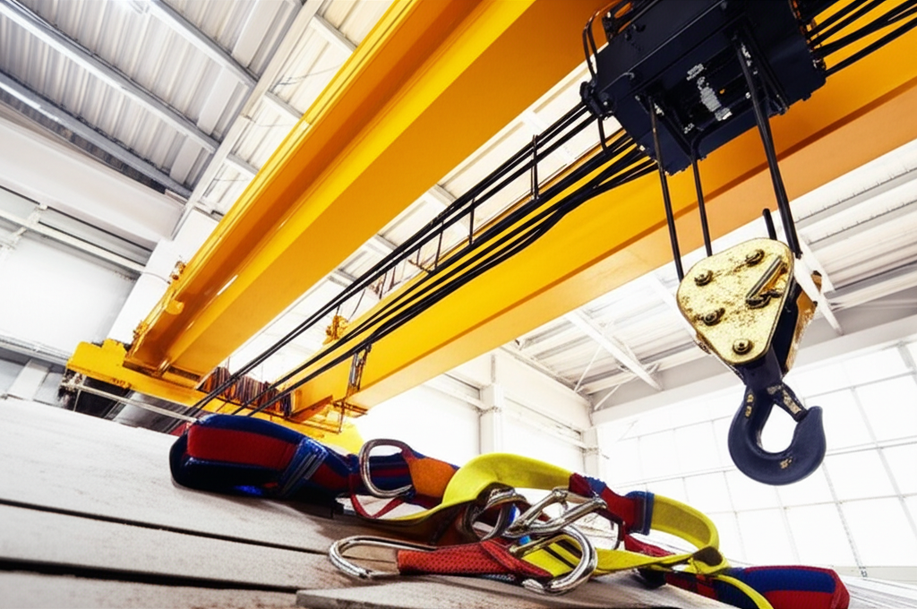Ảnh chụp cận cảnh cầu trục dầm đôi tại công trường, với các thiết bị an toàn được chuẩn bị sẵn sàng.