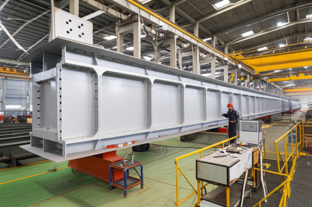 Dầm cầu trục thép lớn đang được kiểm tra chất lượng trong nhà máy, tập trung vào thiết bị đo đạc hiện đại.