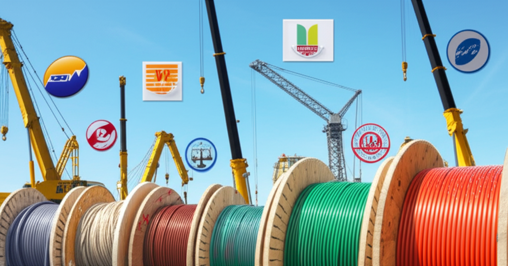 Hình ảnh minh họa các yếu tố ảnh hưởng đến giá thành của hệ thống cấp điện, bao gồm cuộn dây cáp điện bằng đồng và nhôm, và cầu trục các loại.